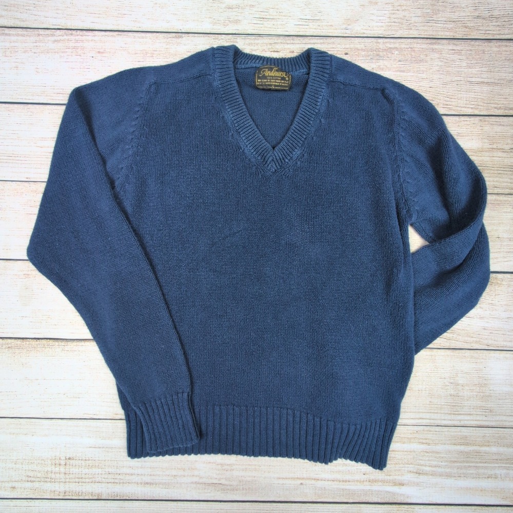 Vintage late‎ 70s Andhurst Mens Blue V Neck 100 Percent Cotton Sweater Size L